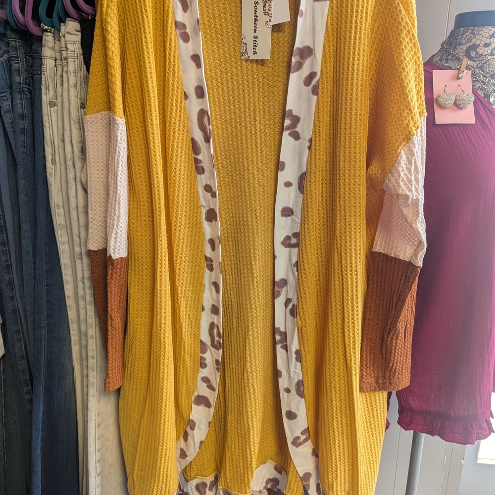Stylish Yellow and Brown Open Front Cardigan